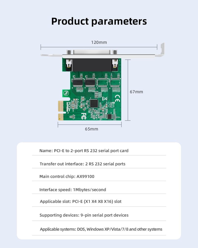 Buacoz PCIe to Dual RS232 Serial Port Card with DB9 Connectors - 2-Port COM Expansion Card for Industrial PCs, Desktop Computers, and 9-Pin Multi-Serial Adapter - Image 2